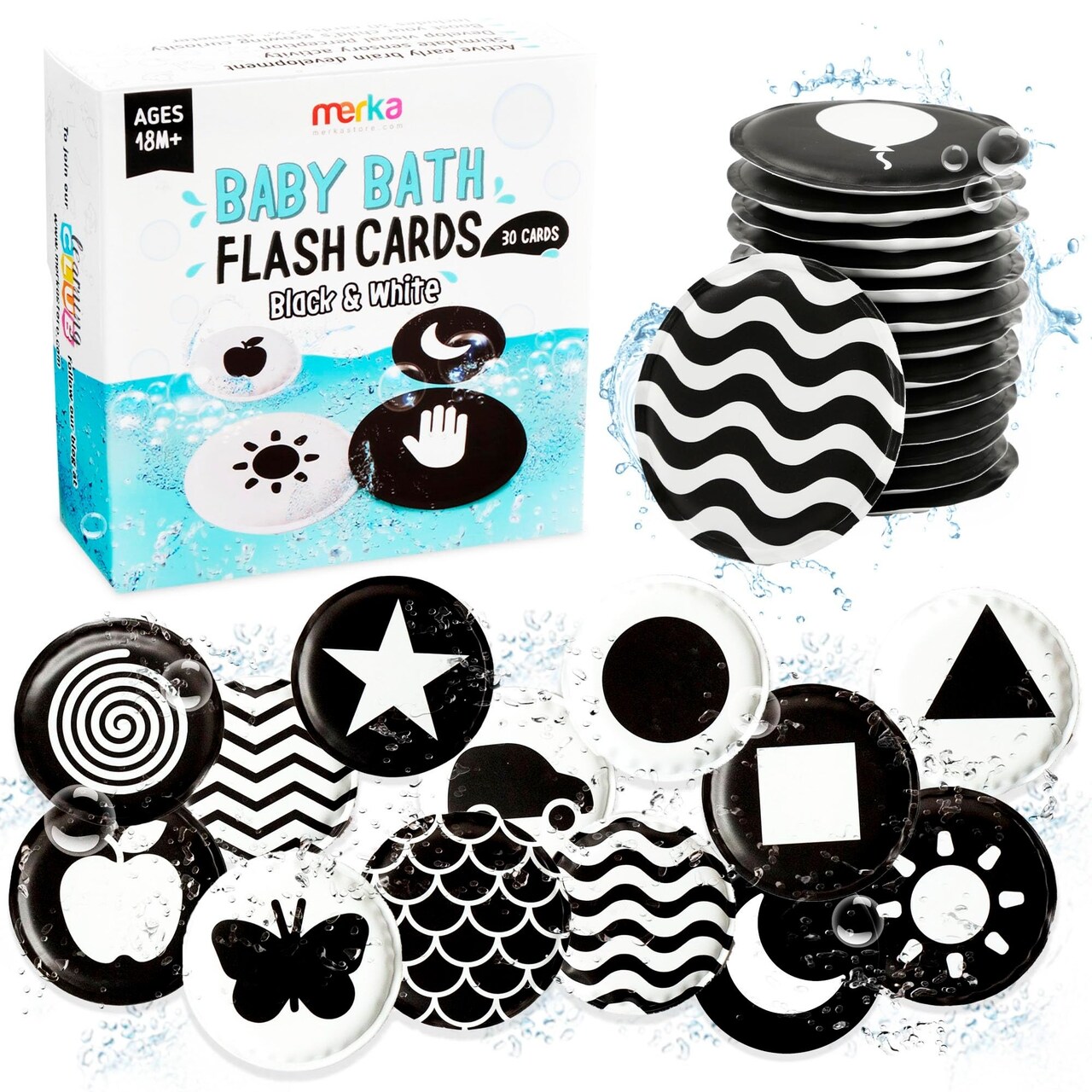 merka High Contrast Bath Toys - 30-Pack, 2.25-Inch Black & White Sensory Foam - Infant Stimulation Flashcards & Waterproof High Contrast Cards - Black & White Baby Bath Toys